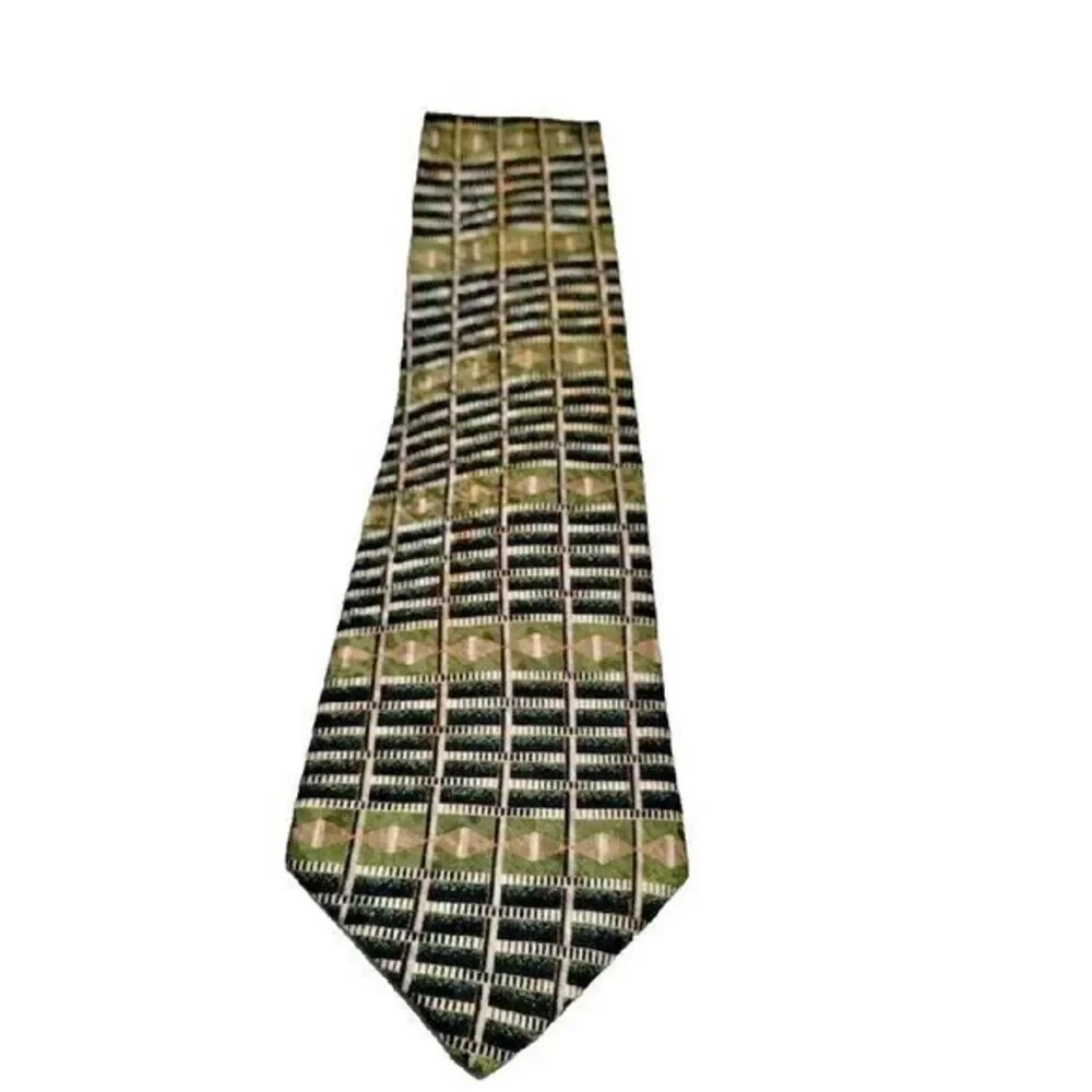 VTG 80s Jay Jacobs Men's Olive Green & Black Patterned 100% All Silk Made in USA